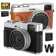 4K 디지털 카메라 + 32GB SD 카드 뷰파인더 및 플래시가 포함된 4800W 자동 초점 동영상 블로그 카메라 사진 및 동영상용 카메라 휴대용 복고풍 여행용 카메라, 검은색