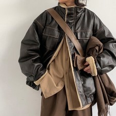 오버 레더 무스탕 (블랙/브라운) _ 남녀공용 오버핏 루즈핏 양털 뽀글이 라이더 가죽 데일리
