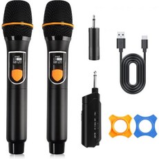 VTSGN 무선 마이크 시스템 충전식 수신기가 있는 UHF 듀얼 금속 다이내믹 마이크 200피트 범위 노래방 결혼식 DJ 파티 연설 교회 교실 블랙용, Black, 1개