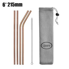 UPORS금속 빨대 215x6mm 실리콘 유지 보수 팁 친환경 스테인리스 스틸 빨대 재사용 가능한 빨대 브러쉬 파우치, 08 Rose Gold with bag