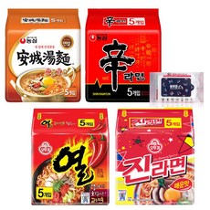 농심 오뚜기 봉지라면 4종 (신라면5p + 안성탕면 5p + 진라면매운맛5P + 열라면5P) + 블루존물티슈, 1세트