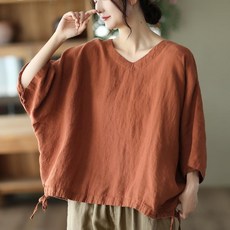 [특가상품][100kg까지] 티셔츠 반팔 여성 여름 편한 날씬해보이는 가오리핏 무지 린넨 루즈핏 박스티 브이넥 얇은 단아한 제인드 빅사이즈 캐주얼 패션 데일리 상의 티