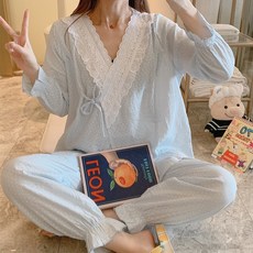 출산 잠옷 봄과 가을 순면 거즈 V 넥 구속복 여름 산후 산후 수유복 헐렁한 임신