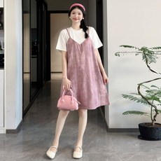 출산 드레스 여름 2024 새로운 핑크 스티치 가짜 두 작은 남자 얇은 짧은 소매 느슨한 미디 길이