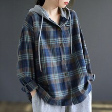 지디오 여성 후드 체크 셔츠 남방 긴팔 버튼 후드티
