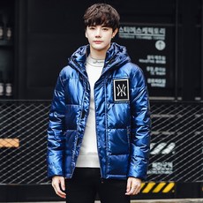 남자야상패딩 광택 스페이스실버 색남성 짧은 타입패딩 옷야외 스커트운동 두꺼운 보온 방한복 모자있음 덕다운 저고리