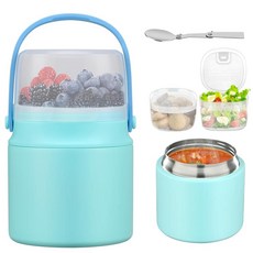 뜨거운 음식 아동용 2-in-1 수프 보온 425.2g(15온스) 단열 식품 용기 및 스낵 박스 2개 넓은 입구 누출 방지 스테인리스 스틸 스푼 식기 세척기 사용 가능, 블루, 1개