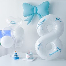 하피블리 리본 풍선 가랜드 화이트 숫자 풍선 생일 파티 용품 세트, 숫자풍선08, 블루리본(화이트숫자풍선)