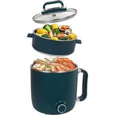 전기 조리기 찜기 포함 1.8L 핫팟 스테인리스 스틸 여행용 계란 파스타 수프 오트밀 이중 온도 조절 건조 방지 화상 기능 짙은 녹색