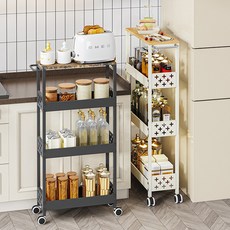틈새 선반 트롤리 4단 철제 우드 슬림 이동식 주방 세탁실 냉장고 수납장