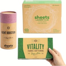 SHEETS LAUNDRY CLUB 세탁 빨래 향기 지속제 시트 클럽 올인원 키트 가볍고 지저분하지 않은 빠르게 용해되는 신선한 린넨 50매 1 8온스 씨 브리즈 향 부스터 튜, 1 Fresh Linen/ 1 Sea Breeze/ 1, 1개