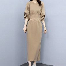 POMTOR 가을 기품 슬림핏 라운드넥 벌룬 긴팔 허리 조임 원피스