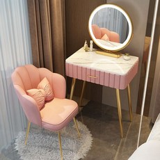  북유럽 화장대세트 럭셔리 서랍장 스툴 수납장, 간단조립, 핑크60CM+LED거울+꽃잎의자 