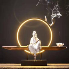 116573 부처님 관세음보상 LED 향 공예 오브제 미니 불상 부처상 장식품 불교용품 세라믹 선 동상, 화이트 옥 도자기 관음