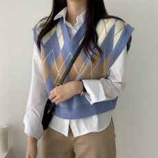 디어썸띵 [핏 예술~!] 오버핏 아가일 크롭 니트조끼
