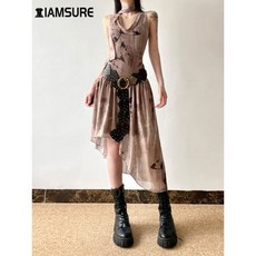 여성 여름 민소매 나시 원피스 폐기물 토양 스타일 슬림 메쉬 라인 플리츠 드레스 빈티지 프린트 브이목 미디