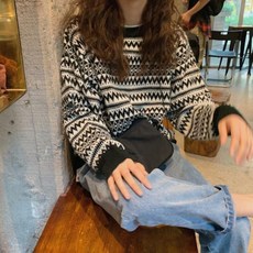 요즘힙한 블핑제니 루즈핏 레트로 패턴 니트스웨터 여성니트 여자니트 완소템 데일리룩