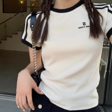여성용 여름 정어깨 라운드넥 슬림핏 반팔 티셔츠