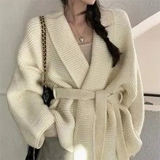 예쁨시전 여리 루즈핏 와플 니트 벨트 가운 가디건