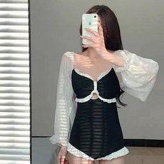  미니브 앞트임 프릴 긴팔 퍼프 원피스 여자 수영복, 블랙앤화이트 