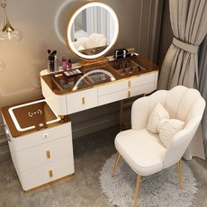 화장대 세트 연예인 화장대 거울 포함, 갈색 유리 + 원형 거울 / 흰색 / 의자 (I), 80cm