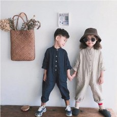 톤온톤 100 순 린넨 남녀 어린이 면 마 긴팔 솔리드 점프슈트 봄