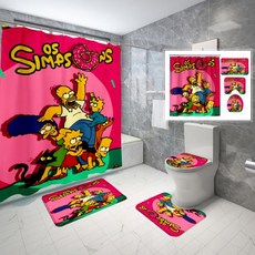 재미있는 만화 방수 샤워 커튼 세트 미끄럼 러그 변기 뚜껑 커버 목욕 12 후크 S-the Simpsons 1/4PCs, 09 2