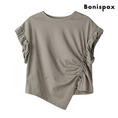 보니스팍스 스트링 언발 사이드 소매 셔링 반팔 티셔츠 (XO2LW020L0)