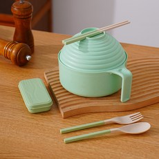 BLOWFISHFUGU 손잡이 플라스틱 그릇 뚜껑 라면 그릇 뚜껑있는국그릇 수저 세트, 1개, 녹색