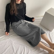 더클립 레오 흑청 그레이 트임 롱 데님 스커트