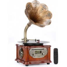무선 스피커 CD 플레이어 3.5mm / USB 보조 / FM 라디오 사무실 구리 혼 / 가정 장식빈티지 나무 축음, 단일옵션, 단일옵션