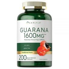 Carlyle Guarana 1600mg | 퀵 릴리즈 캡슐 200개 | GMO 프리 글루텐 프리 추출물 | 자연 발생 카페인