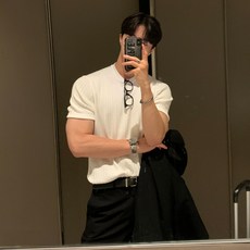 ANYOU 남자 반팔티 트렌디한 디자인 감각 스트라이프 반팔 상의 여름 캐주얼 라운드 티셔츠