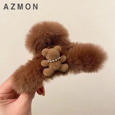 AZMON 13cm 대왕 밍크 벨벳 헤어 집게핀 곰돌이 큐빅 머리 장식