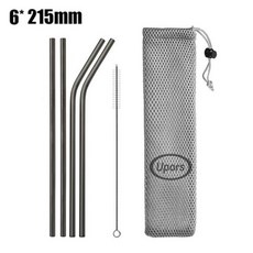 UPORS금속 빨대 215x6mm 실리콘 유지 보수 팁 친환경 스테인리스 스틸 빨대 재사용 가능한 빨대 브러쉬 파우치, 검은색 가방
