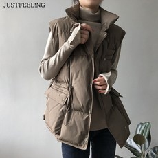 JUSTFEELING 베스트 단추 하이넥 루즈핏 여성용 허리 밴딩 민소매 숏 조끼 기본 경량패딩 솜 무지