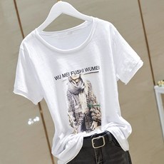 마이현 캐릭터 여성 여름 라운드넥 화이바 슬라브면 와이드 루즈핏