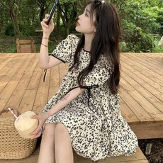 미니원피스 귀여운 여성 플라워 패턴 여름 반팔 카라 브이넥