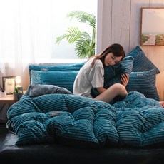 겨울 양면 컬러 극세사 이불 베개 침대커버 4종세트, 레이크 블루