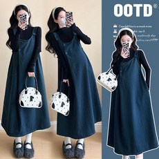 패션 여성 임산부 하객룩 원피스 겨울 모직 롱원피스 데일리 임부복 반폴라티 +민소매 원피스 세트 YJW