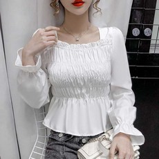 퍼프소매 버터플라이 페니 봄 가을 룩 여성의류 스윗 스퀘어넥 주름 벌룬소매 슬림 상의 트렌드