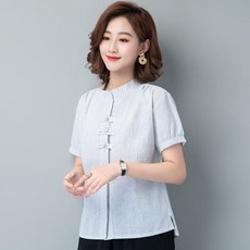 중년여성 블라우스 반팔 스트라이프 린넨 자수 엄마 루즈핏 셔츠
