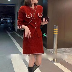 빅사이즈 뽀글이 투피스 세트 밴딩치마 레드 베이지 스웨터 정장 3XL 4XL 오피스룩 미니스커트 새내기