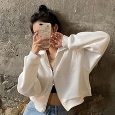 여성용 지퍼 턴다운 칼라 스웨트 셔츠 단색 크롭 루즈 스트리트웨어 하라주쿠 캐주얼 올매치 스타일리시 여성 빈티지 코지