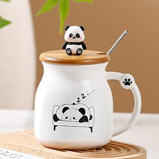 [쥬온코코] 판다 도자기 커피컵 300ml 대나무뚜껑 포함 손잡이 라운드 예쁜 캐릭터 세라믹 머그컵, 화아트, 1개, A타입 잠꾸러기팬더*1