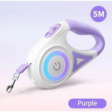 로제코 강아지 산책 LED 자동 리드줄 목줄 5M, 퍼플