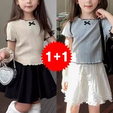 키즈 여아 반팔 티셔츠 1+1 2종세트 리본 프릴 주름 라운드넥 골지 반팔티 유아동패션