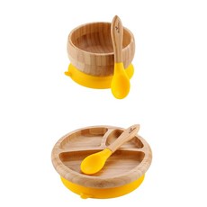 avanchy 대나무 아기 그릇 ＆ 숟가락5 x 3 ＋ avanchy 대나무 아기 흡입 판7 x 2 노란색, One Size, One Color