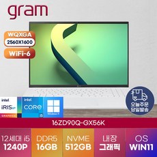 [LG전자] 2022 그램16 (12세대) 16ZD90Q-GX56K LG 엘지 업무용 가정용 노트북 정품 win11 설치, WIN11 Pro, 16GB, 512GB, 코어i5, 화이트