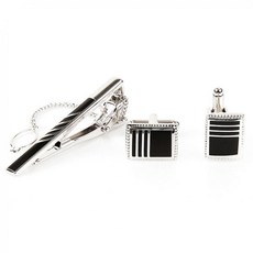 쿵샵쿵SHOP 클래식 블랙 사선 커프스링크 넥타이핀 세트 남성 넥타이소품세트
